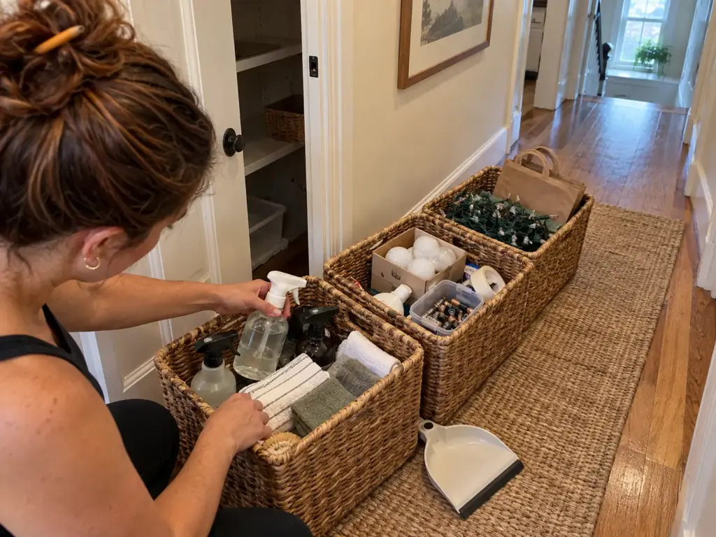 How to Organize a Utility Closet That Still Shuts 2 A woman's hands sort cleaning supplies, spare bulbs and seasonal items into three woven baskets on a hallway runner