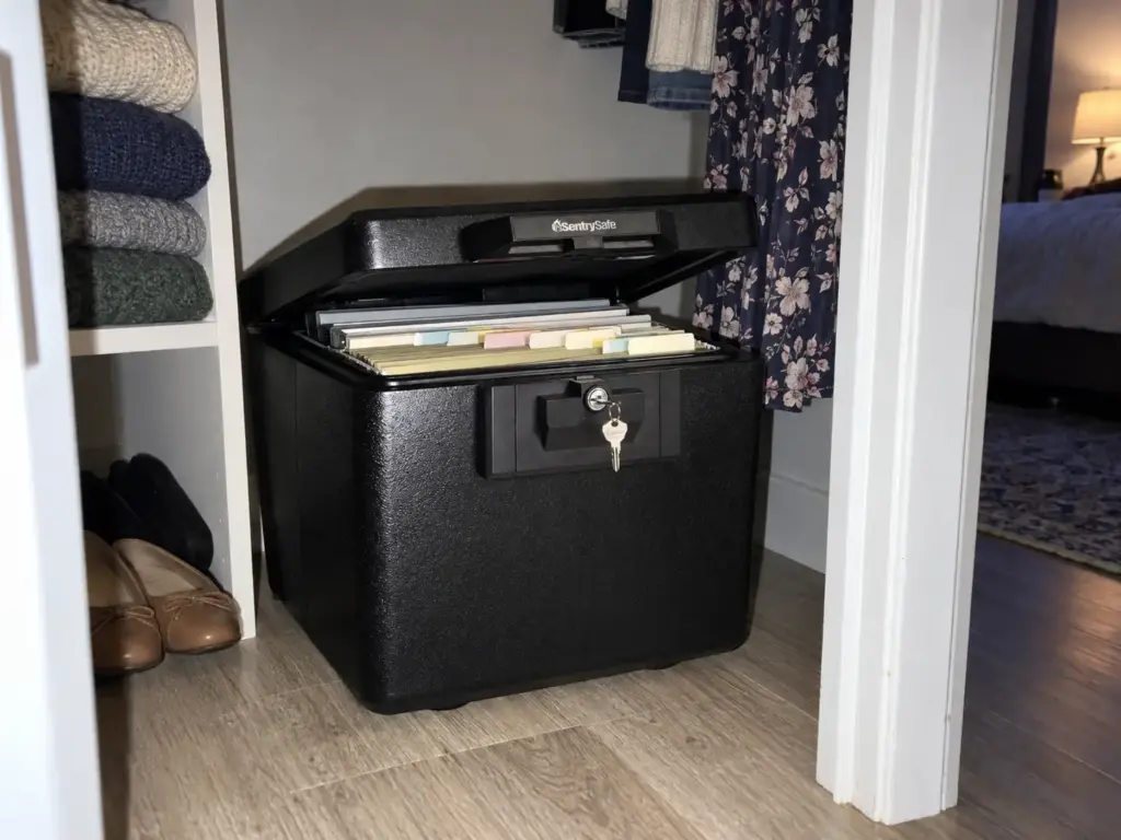 Open SentrySafe 1170 fire box on a closet floor holding Letter-size hanging folders of original documents