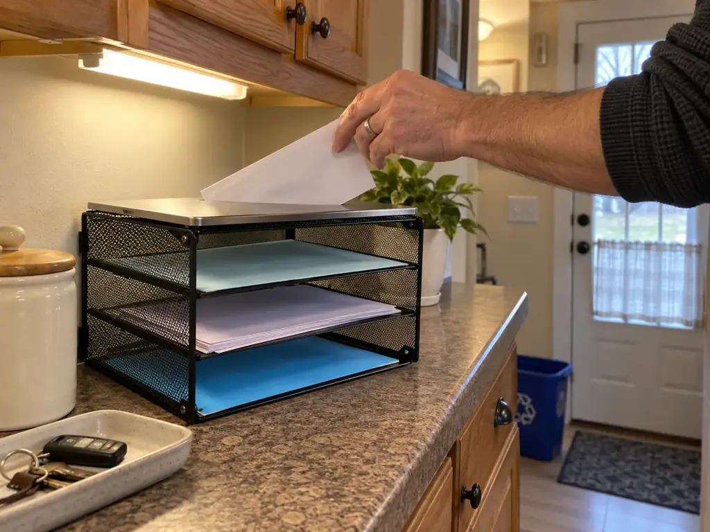 How to Organize Paper Clutter and Stop It Coming Back 3 A man's hand dropping an envelope into a three-tier black mesh letter tray on a kitchen counter beside a recycling bin