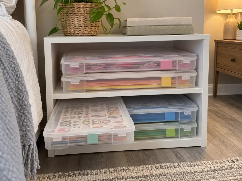 Low bookcase with flat scrapbook cases of paper stacked to fit each shelf, masking tape on every case end