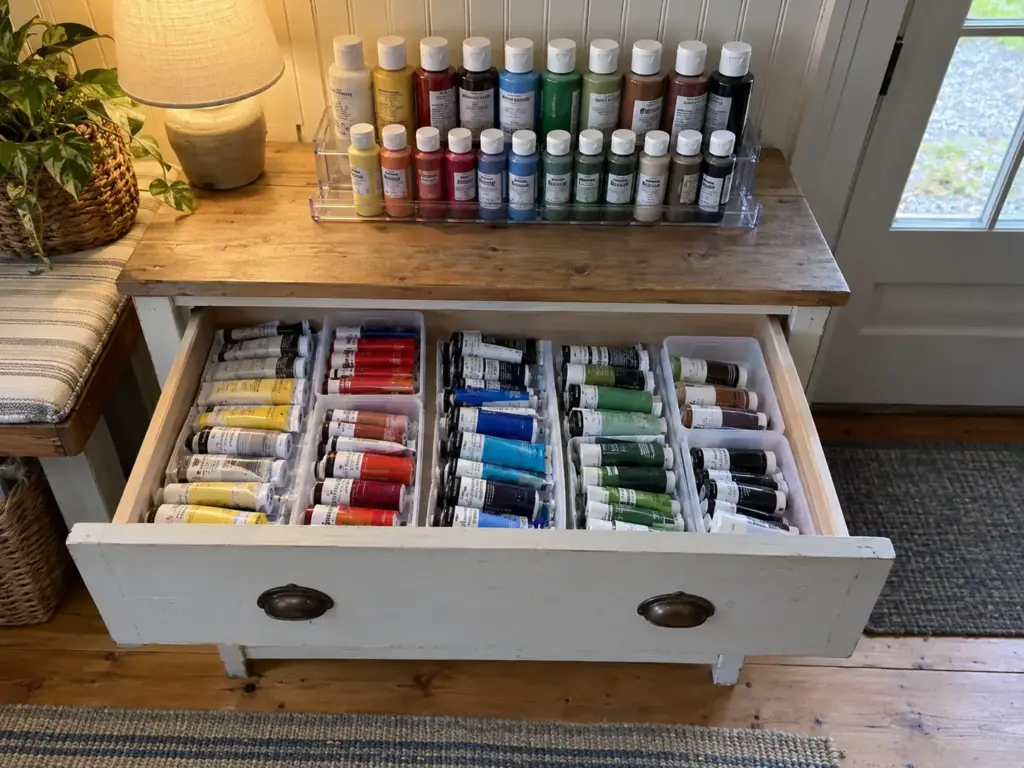 Open drawer with paint tubes in a single layer beside a stepped riser of paint bottles on a shelf