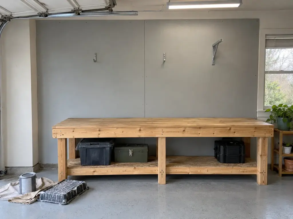 Painted plywood backer panels on a garage wall with two hooks, one bracket and a rinsed paint tray on the floor