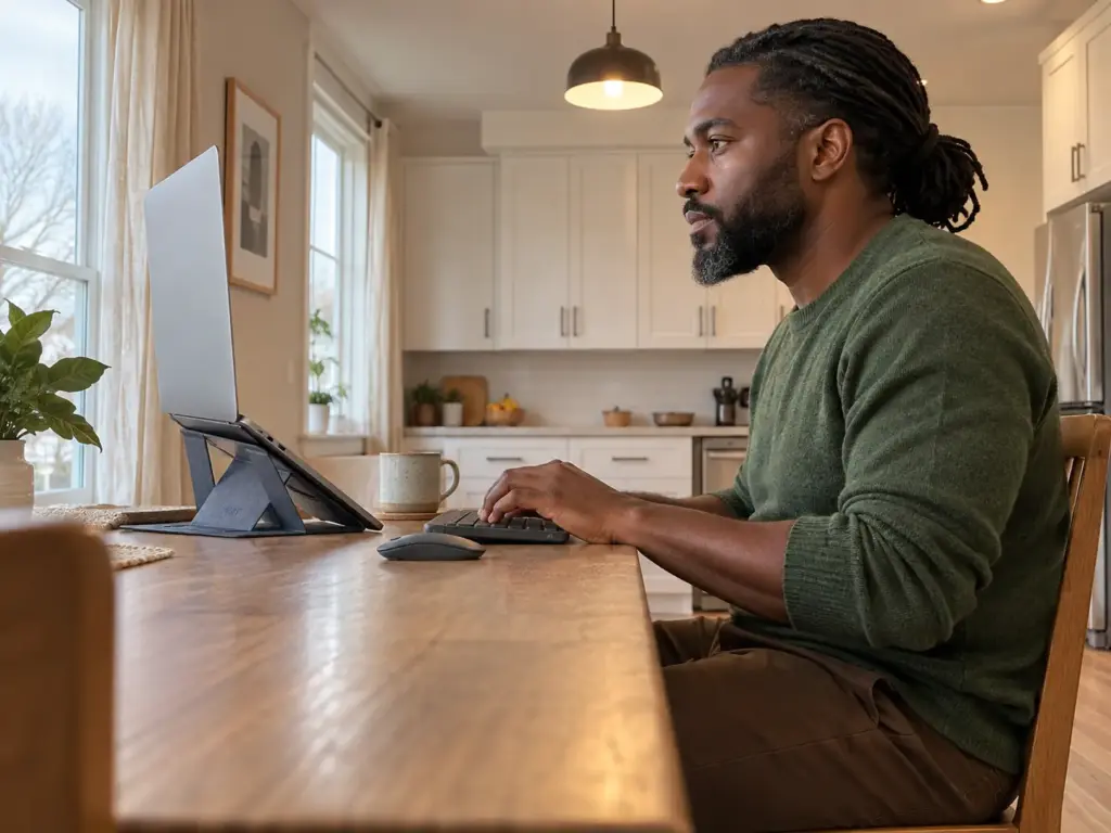 Portable Home Office Setup That Clears Off the Dinner Table 2 Man typing in profile with the top of his laptop screen level with his eyes, the laptop raised on a stick-on stand
