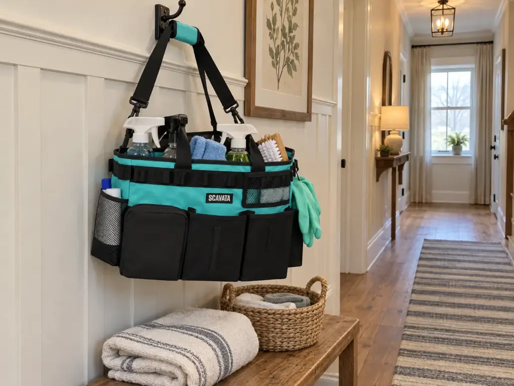 Best Cleaning Supply Organizers for the Space You Have 3 A lake-blue wearable cleaning caddy bag packed with bottles, cloths and gloves, hanging from a hook above a hallway bench