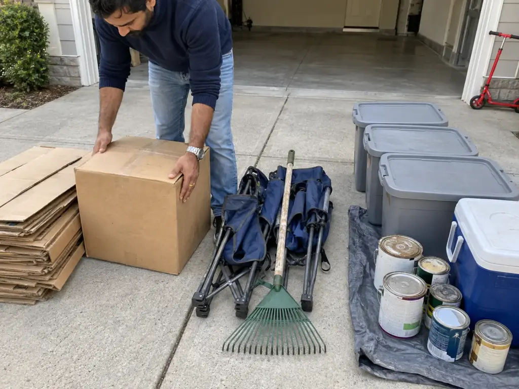 Car Still Has to Fit? Small Garage Organization Tips 2 A man's hands slide a box into one of four sorted piles on a driveway beside the open garage