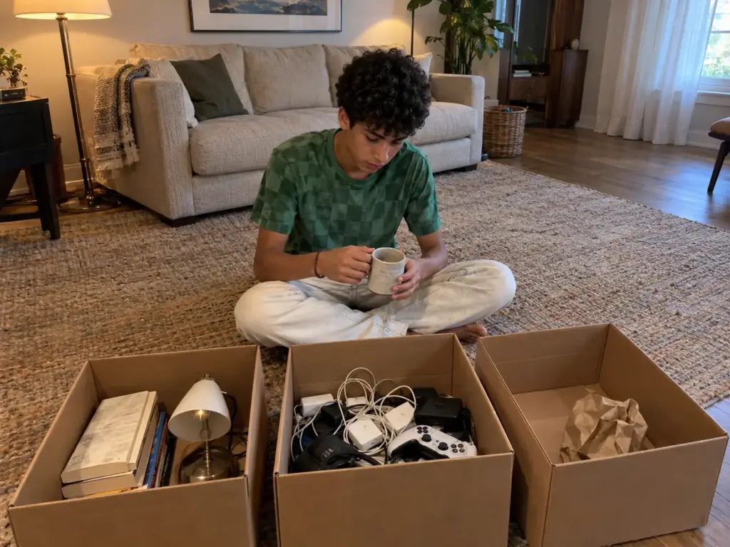 A teenager sits cross-legged on the living room rug sorting leftover items into three open cardboard boxes