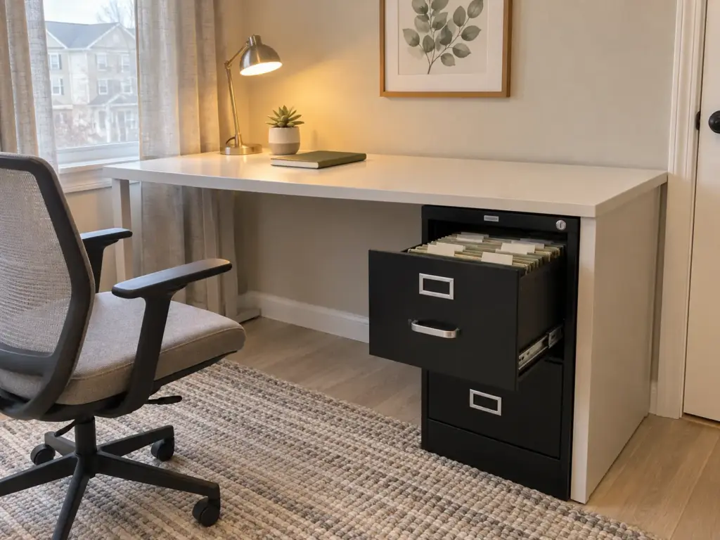 Best Filing Systems for Home Compared by Where They Break 2 Black two-drawer vertical file cabinet tucked under a long white desk with the top drawer open halfway