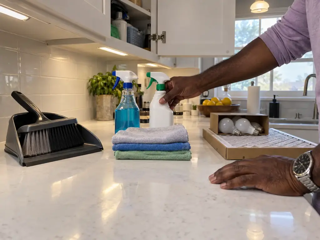 A man's hands sort floor tools, surface cleaners and household spares into three groups on a kitchen counter