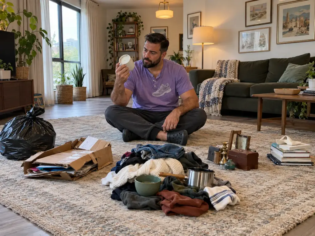 A man sits cross-legged on a living room rug sorting household items into five separate piles, a trash bag beside him