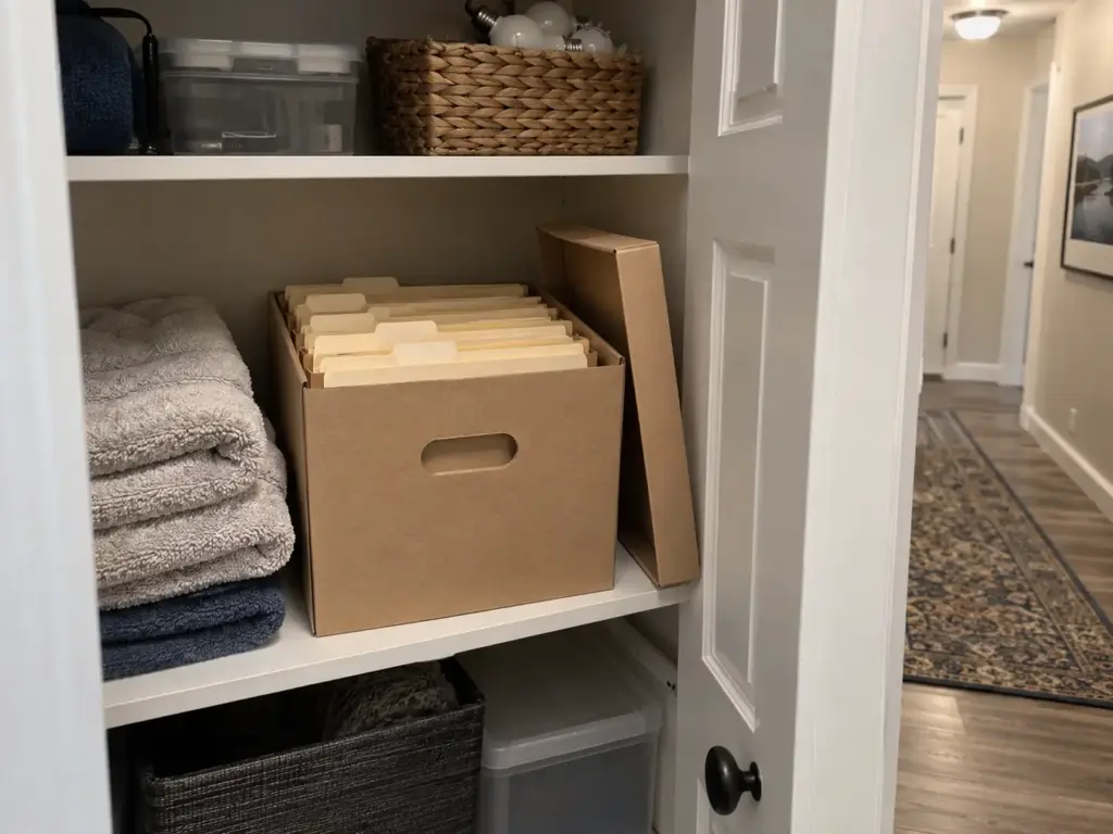 A cardboard archive box with its lid off holding upright folders on a hall closet shelf