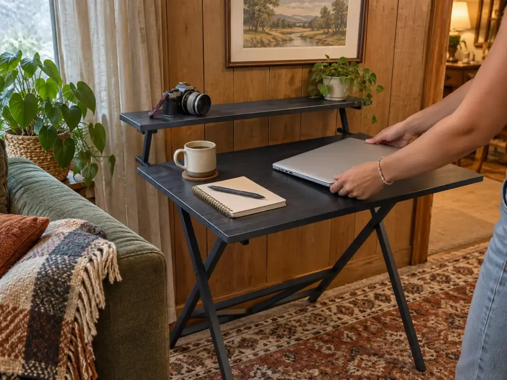 Hands setting a laptop on a grey WOHOMO folding desk standing against the wall beside a living room sofa