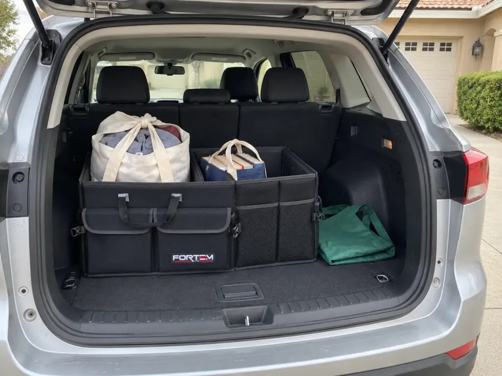 A foldable trunk organizer in an SUV hatch holding two donation bags upright, ready for the drive to the drop-off