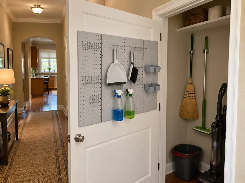 Broom Closet Organization Sized to Your Tallest Handle 4 The open back of a broom closet door holds a metal pegboard with a dustpan and spray bottles beside a hung broom and mop