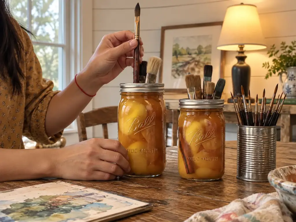 Hands holding a long brush against a tall mason jar beside a metal can of shorter brushes on a wooden table