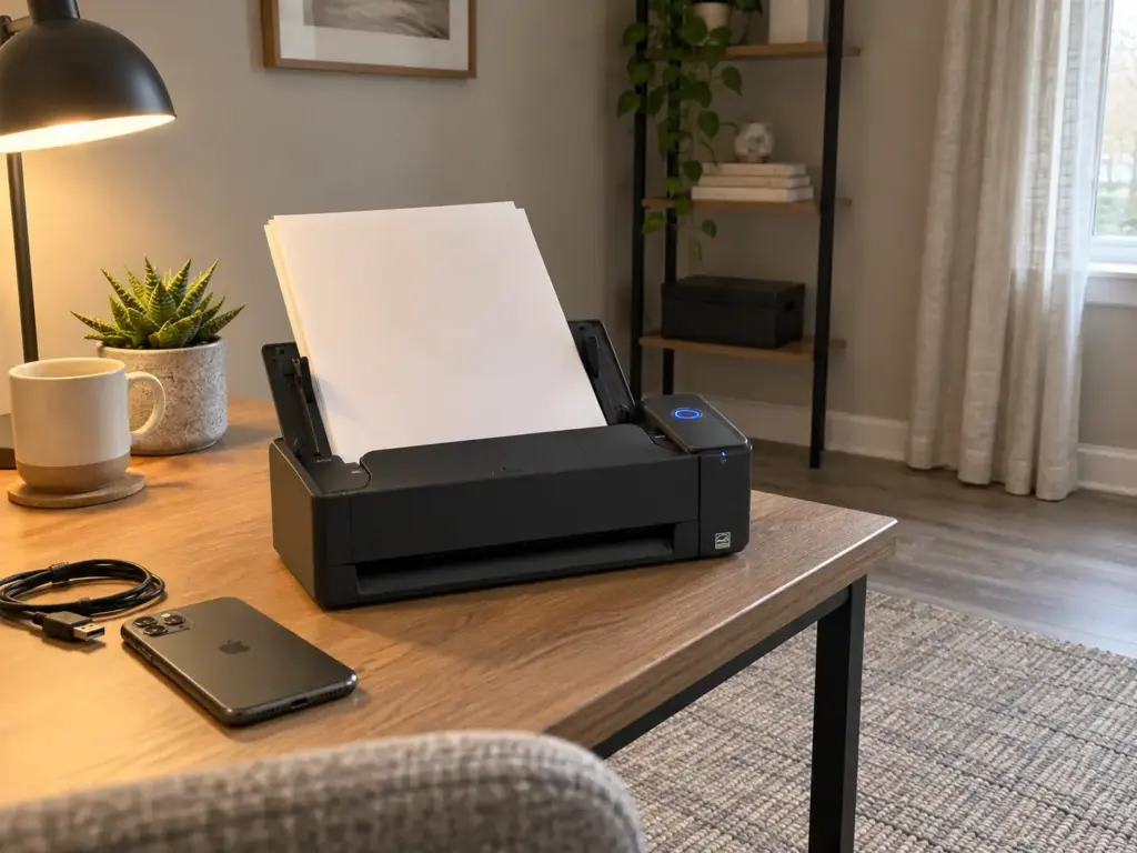 Why Going Paperless at Home Fails and How to Make It Stick 3 A compact sheet-fed document scanner on a desk with a short stack of paper loaded and a phone face-down beside it