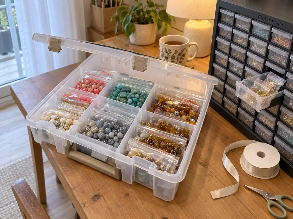 Open shallow craft case with beads in small zip bags beside a parts cabinet with one drawer pulled out on a work table