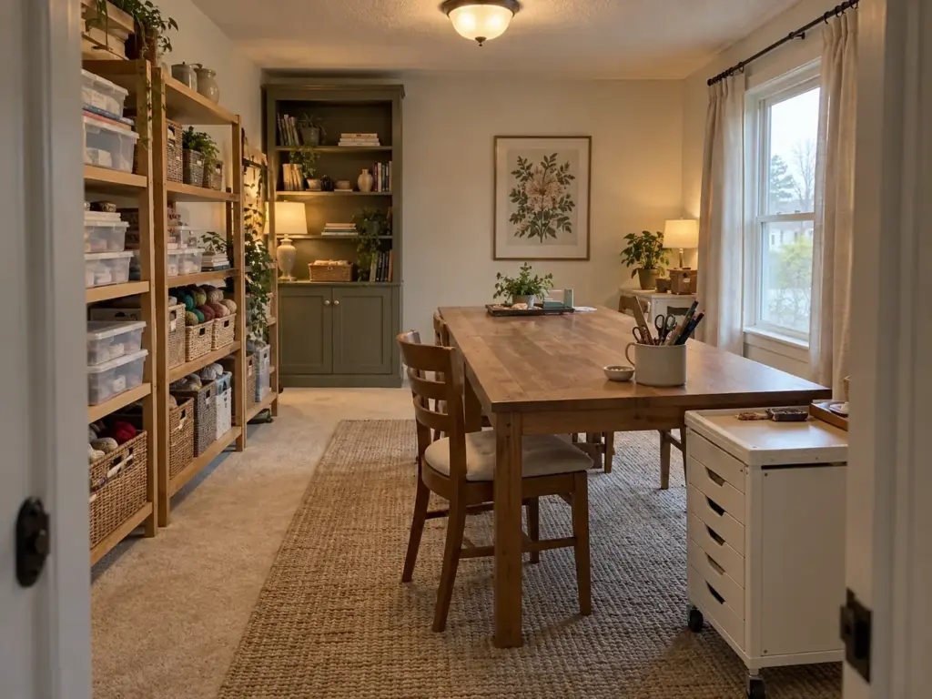 Craft room from the doorway with tools by the chair, a cart beside the table and shelving along the far wall