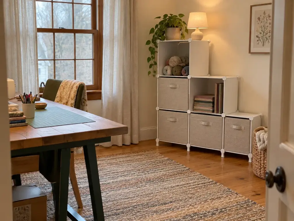 Freestanding six-cube organizer in a craft room corner with most cubes closed behind fabric boxes