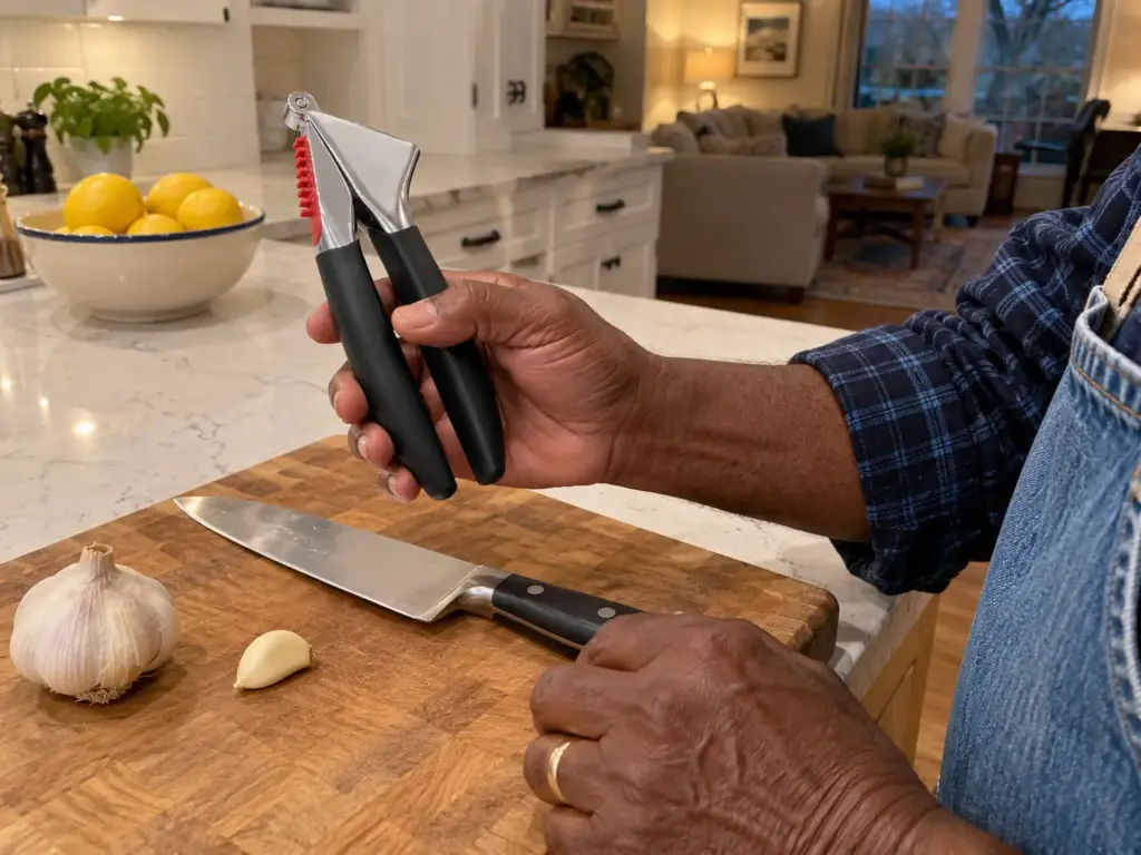 A man's hands hold an open garlic press above a cutting board with a head of garlic, a peeled clove and a chef's knife