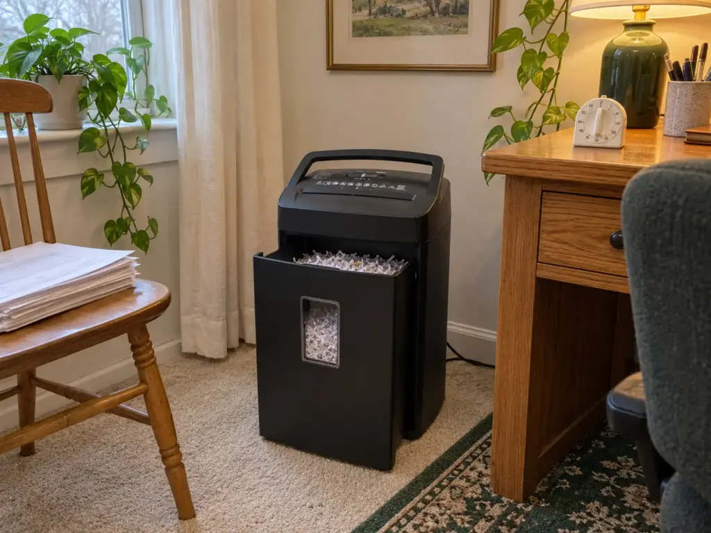 A cross-cut paper shredder with its bin half full of fine strips beside a small stack of papers waiting to be shredded