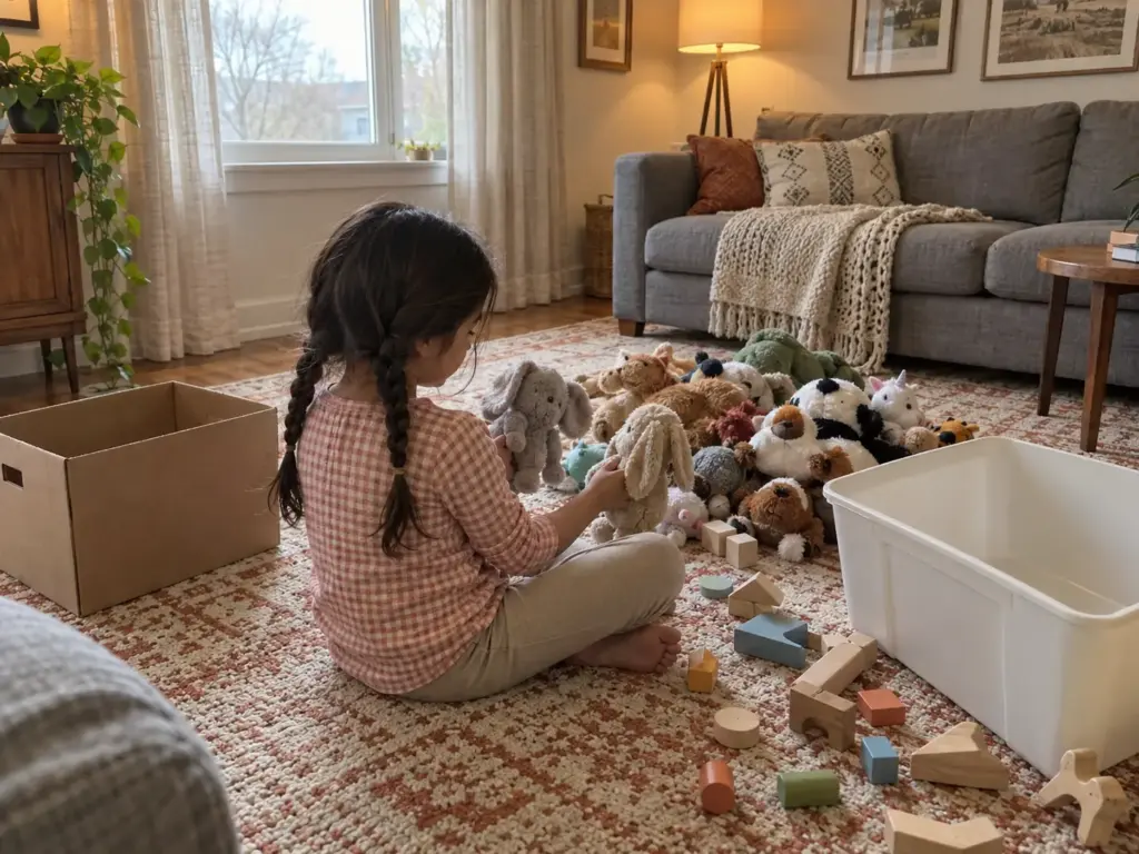 A six-year-old girl sits on a rug choosing two favorite stuffed animals from a pile of toys to keep