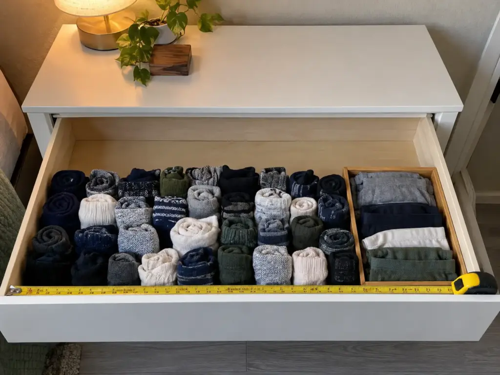 A dresser drawer filled about two-thirds with rolled socks and a yellow tape measure lying along its front edge