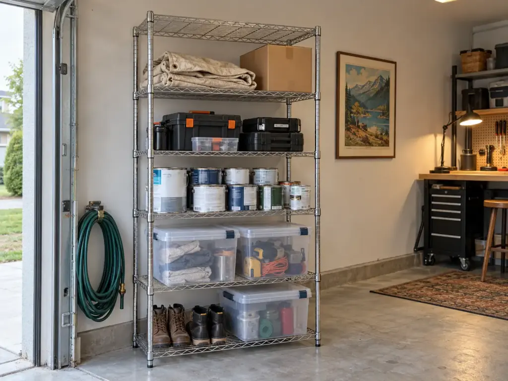 Amazon Basics steel wire shelving unit in a garage with heavy lidded bins on the lowest shelves and light items above
