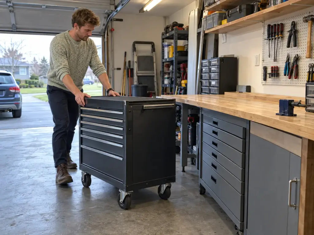 7 Garage Tool Organization Ideas That Fit Each Tool 5 A man rolls a steel tool cabinet on wheels past a wooden garage workbench with a drawer unit underneath
