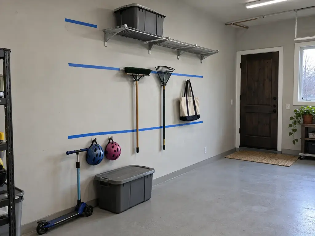 Garage wall with blue tape marking height bands, kid helmets and a scooter low, a broom mid-height and a tote high