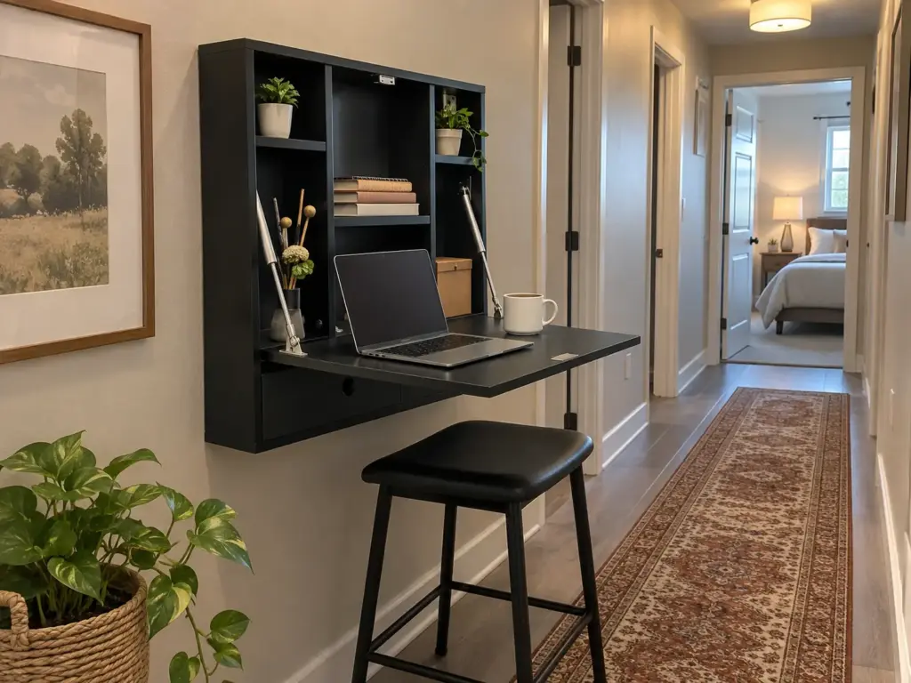 6 Home Office Ideas for Small Spaces Compared by Footprint 3 Black fold-down wall desk open in a hallway with a laptop on it, a home office idea for small spaces