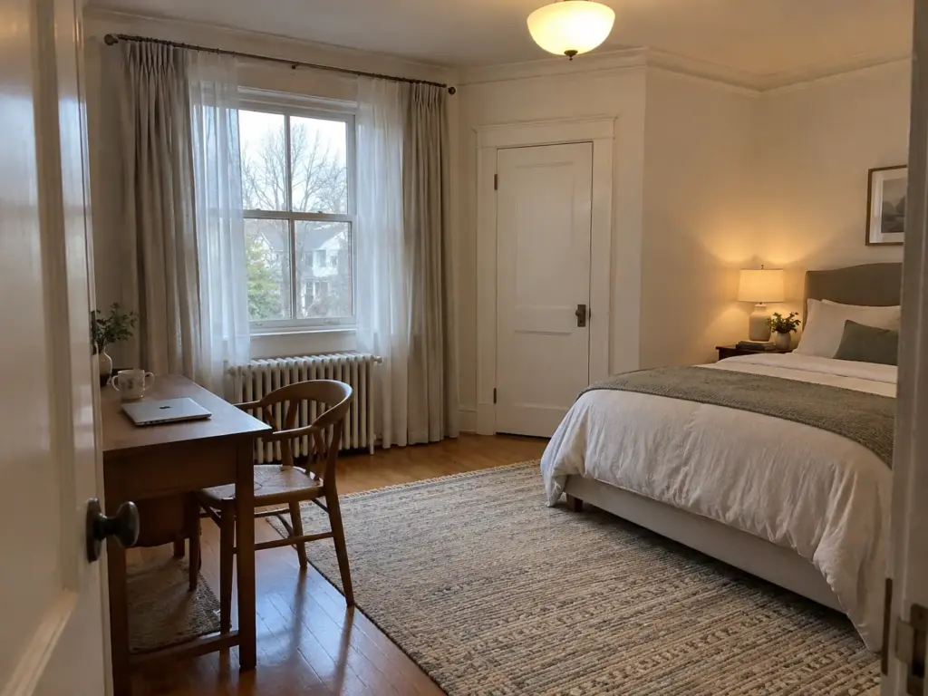 Home Office in Bedroom Ideas That Survive Week Three 4 Small wooden desk set side-on to a bedroom window with a chair, laptop and closet door beside it, bed in the background