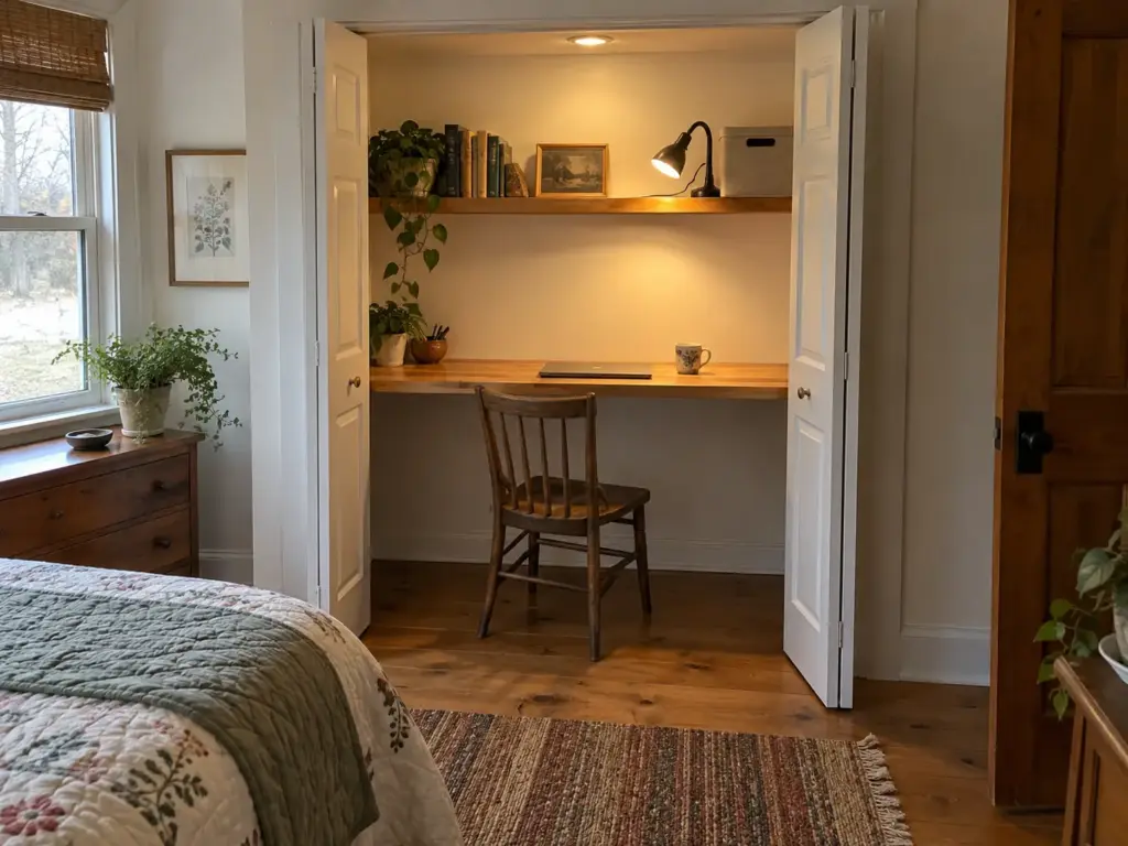 Reach-in closet fitted with a butcher-block desk surface, a shelf above and a chair tucked in, a closet home office