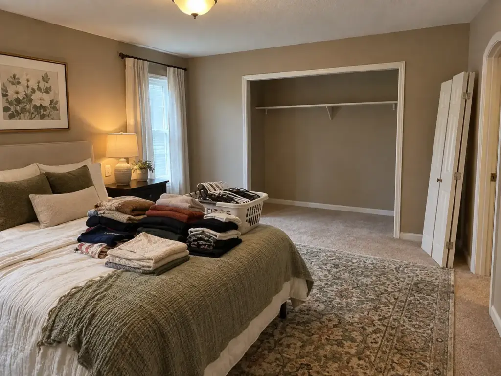 How to Create a Home Office in a Closet You'll Still Use 4 Closet with its bifold doors taken off and leaned in the hallway, folded clothes stacked on the bed beside it