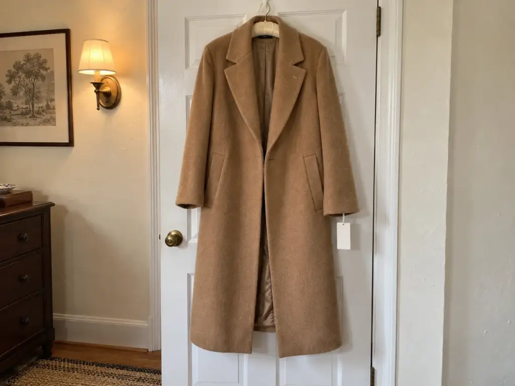A camel wool coat with its tag still on the sleeve hangs on the back of a bedroom door beside a plaster wall