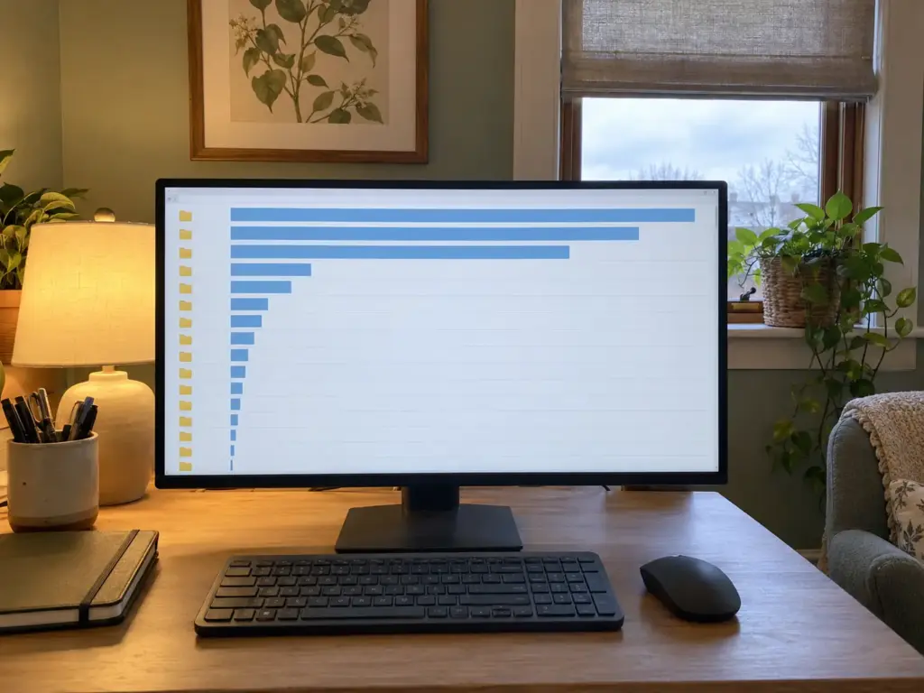 A monitor shows a file list sorted by size, with a few very long bars standing out above the rest