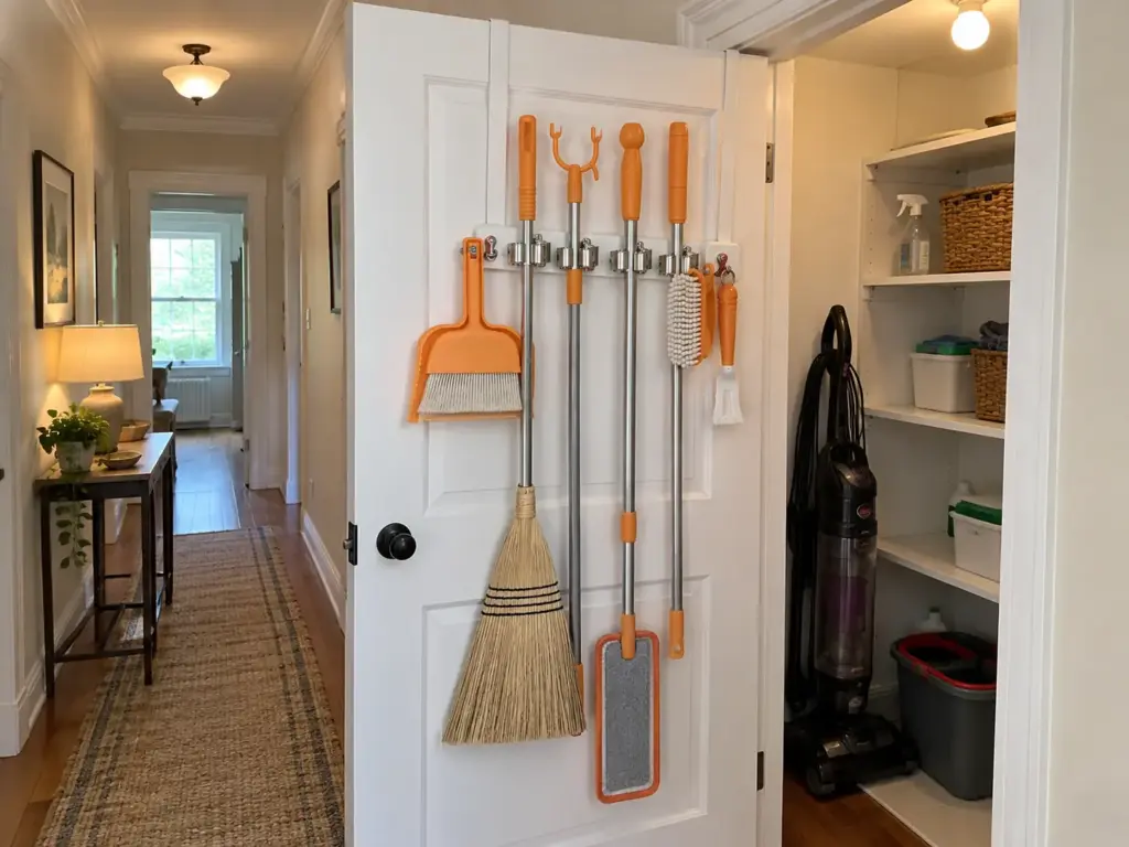 How to Organize a Utility Closet That Still Shuts 3 A white over-the-door mop and broom holder on a hallway utility closet door holding a broom, a mop and a dustpan