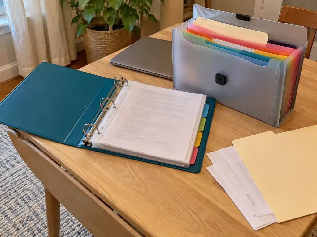 Oxford three-ring binder open to a tab beside a plastic accordion file on a table, a reference system for papers