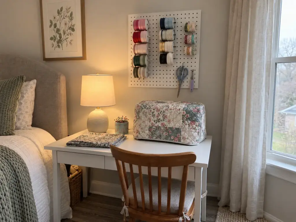 Small pegboard panel above a sewing table holding ribbon spools, washi tape rolls and scissors on pegs