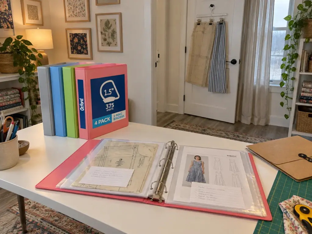 Sewing Room Organization That Sewists Actually Keep Up 4 Open Oxford binder of clear pattern sleeves on a sewing table beside a pattern folder and a clip hanger on the door