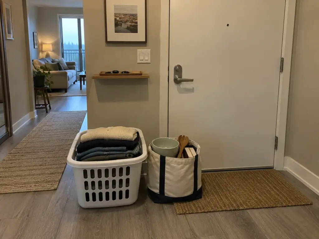A laundry basket of folded clothes and a canvas tote of kitchen items stand by the front door next to a key tray
