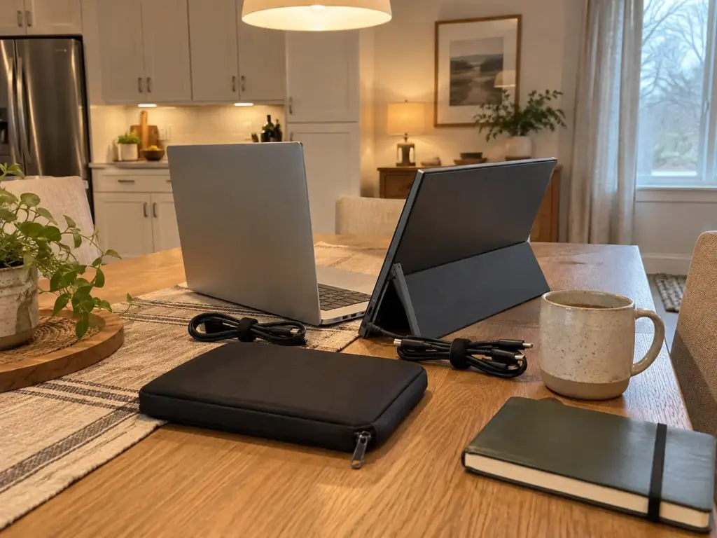 Portable Home Office Setup That Clears Off the Dinner Table 6 Laptop beside a thin portable monitor on a dining table with the cords tied into neat loops