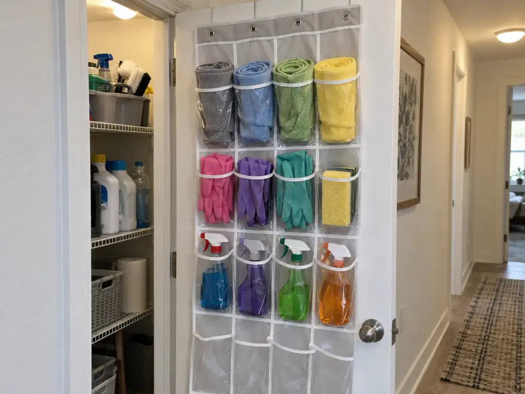6 Cleaning Supply Organization Ideas That Stop Rebuying 4 A clear over-the-door pocket organizer on a closet door holding rolled cloths, rubber gloves and small cleaning bottles