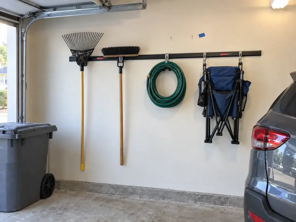 Car Still Has to Fit? Small Garage Organization Tips 4 A finished Rubbermaid FastTrack rail on a garage wall holds a rake, a broom and a folded camp chair on hooks