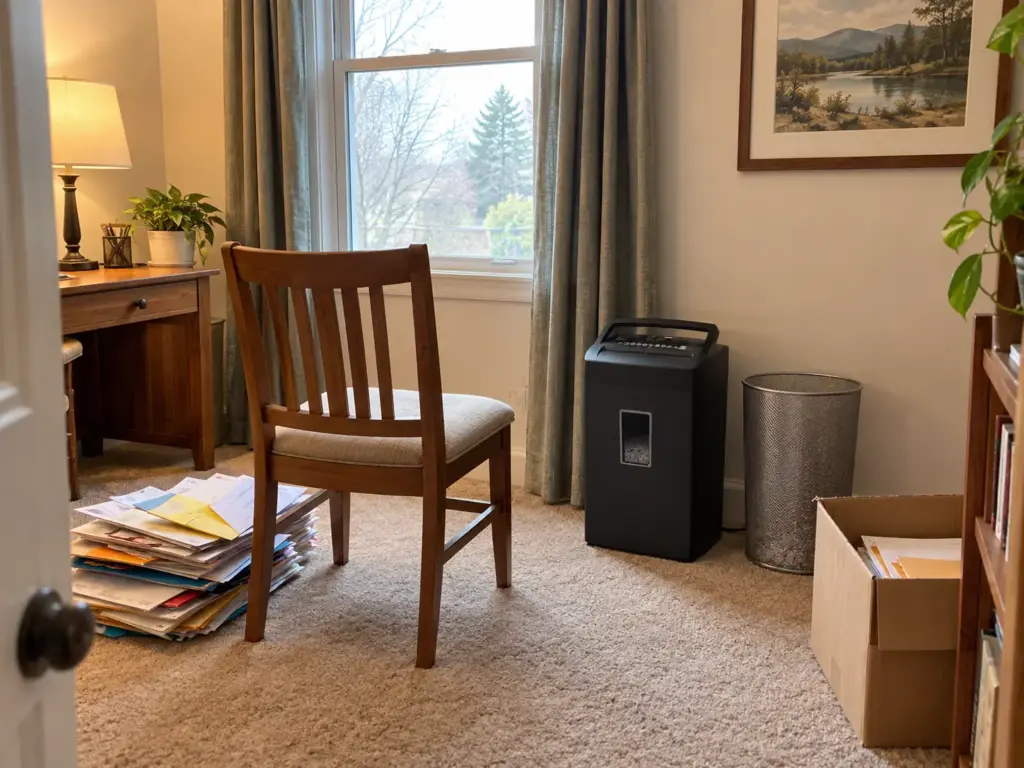 How to Organize Paper Clutter and Stop It Coming Back 4 A spare-room corner set up for sorting paper with a chair, a cross-cut shredder, a wastebasket and a keep box