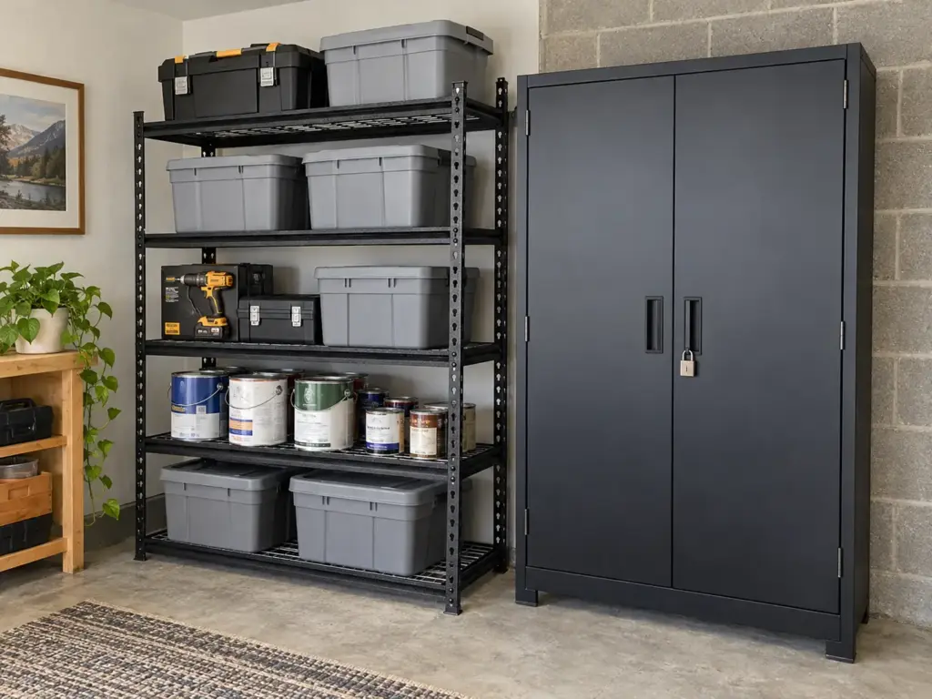 Best Garage Storage Systems by What You Actually Store 4 Steel shelving unit with paint cans and totes beside a tall lockable metal cabinet in a garage corner