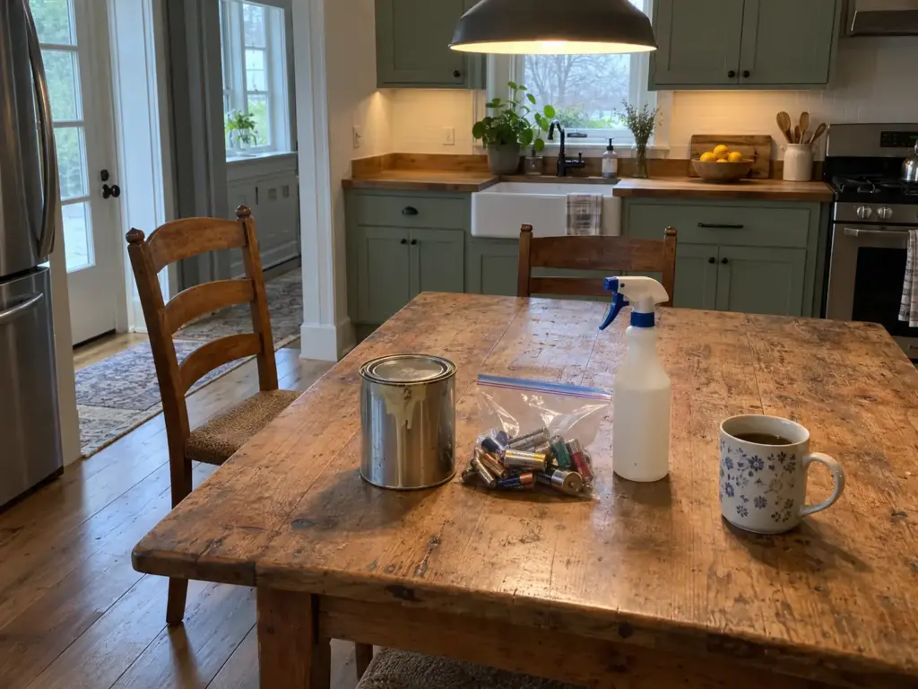 A closed paint can, a zip bag of mixed batteries and a spray bottle on a kitchen table, leftovers that need a city rule