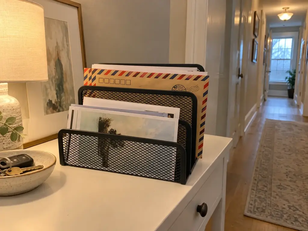 Mail Piling Up Again? A Mail Organization System That Holds 3 A three-slot black mesh mail sorter on a hallway console with envelopes standing in each slot and leaning over the edges
