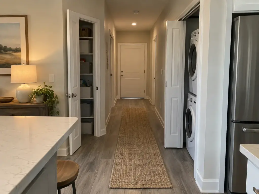 A hallway shows an open utility closet beside a laundry nook, with the garage door at the far end
