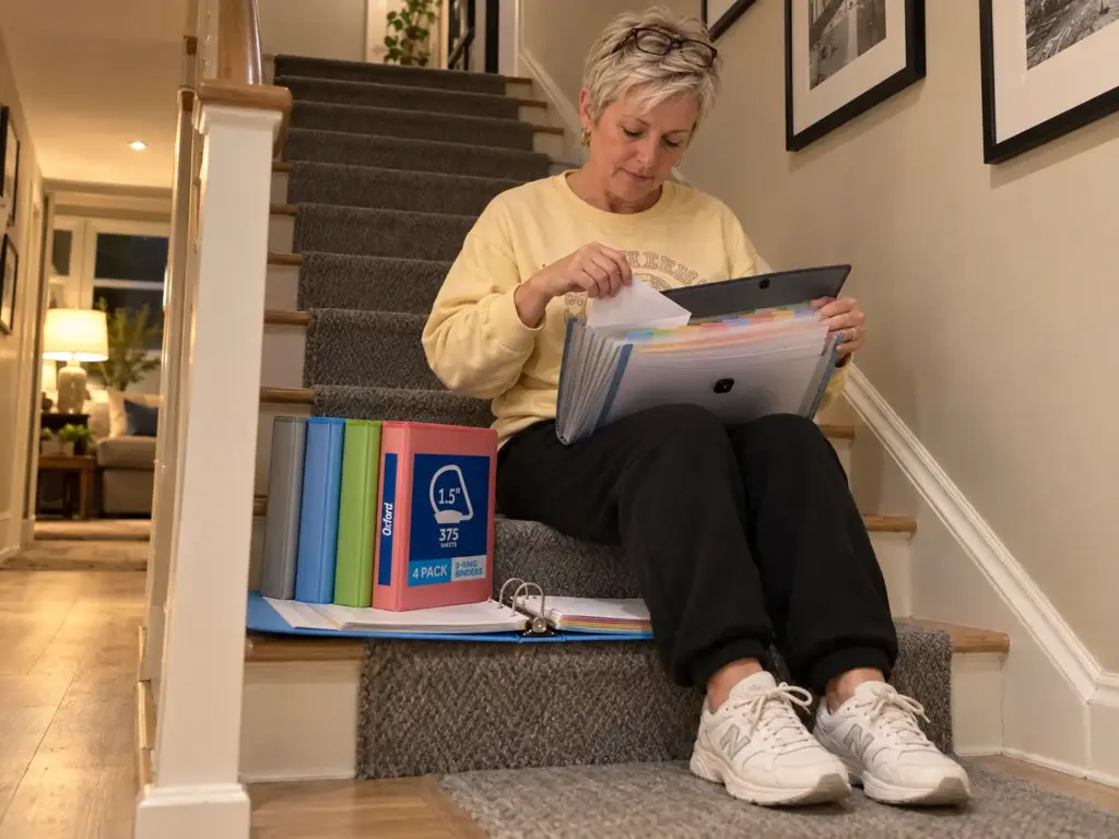 Best Filing Systems for Home Compared by Where They Break 5 Woman on the second stair filing a sheet into an accordion file beside a four-pack of colored three-ring binders