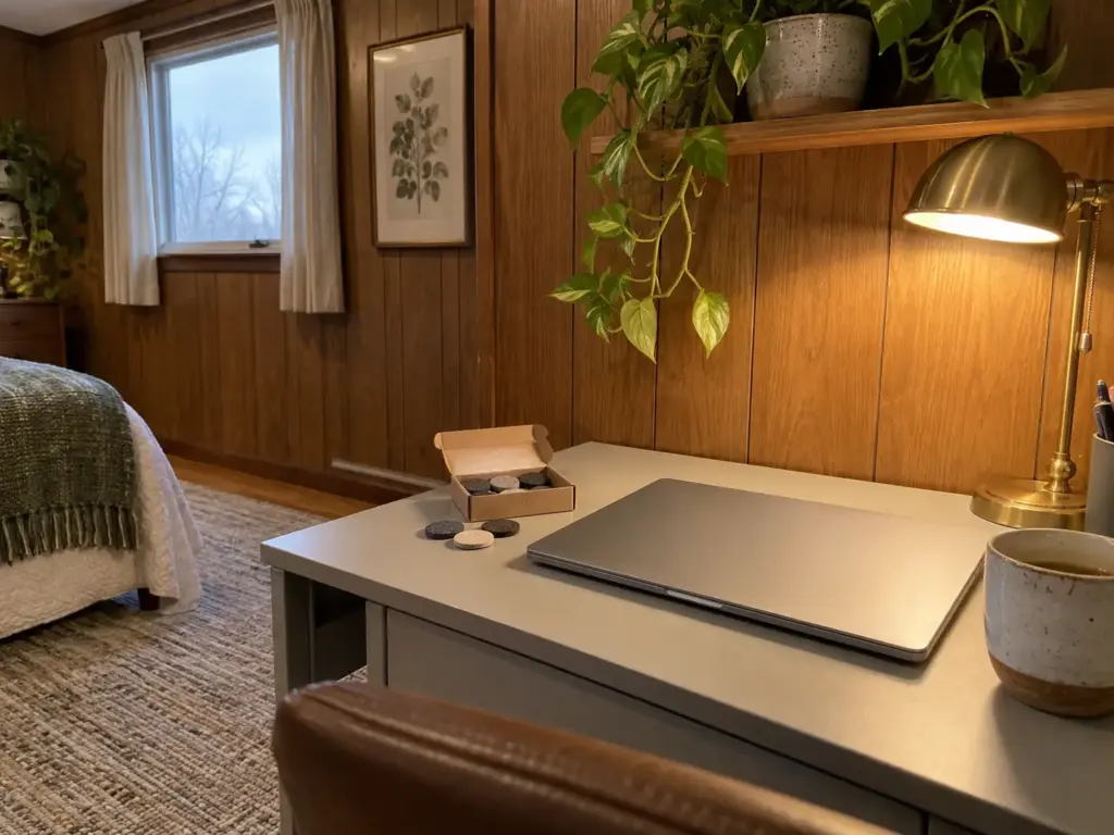 Compact desk pushed flush against a wall with a box of felt furniture pads and a laptop on its surface